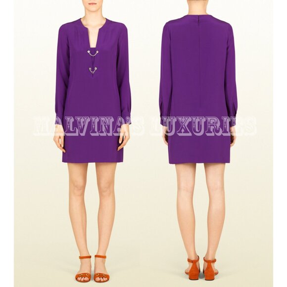 GUCCI DRESS PURPLE VIOLET CREPE DE CHINE LONG SLEEVES - Picture 3 of 13